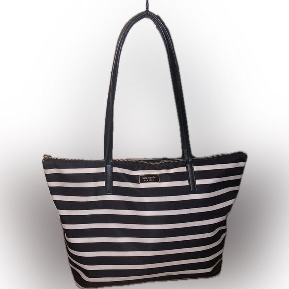Kate Spade Black and White Striped Nylon Shoulder Bag Tote May Street Lida Purse - Picture 3 of 14